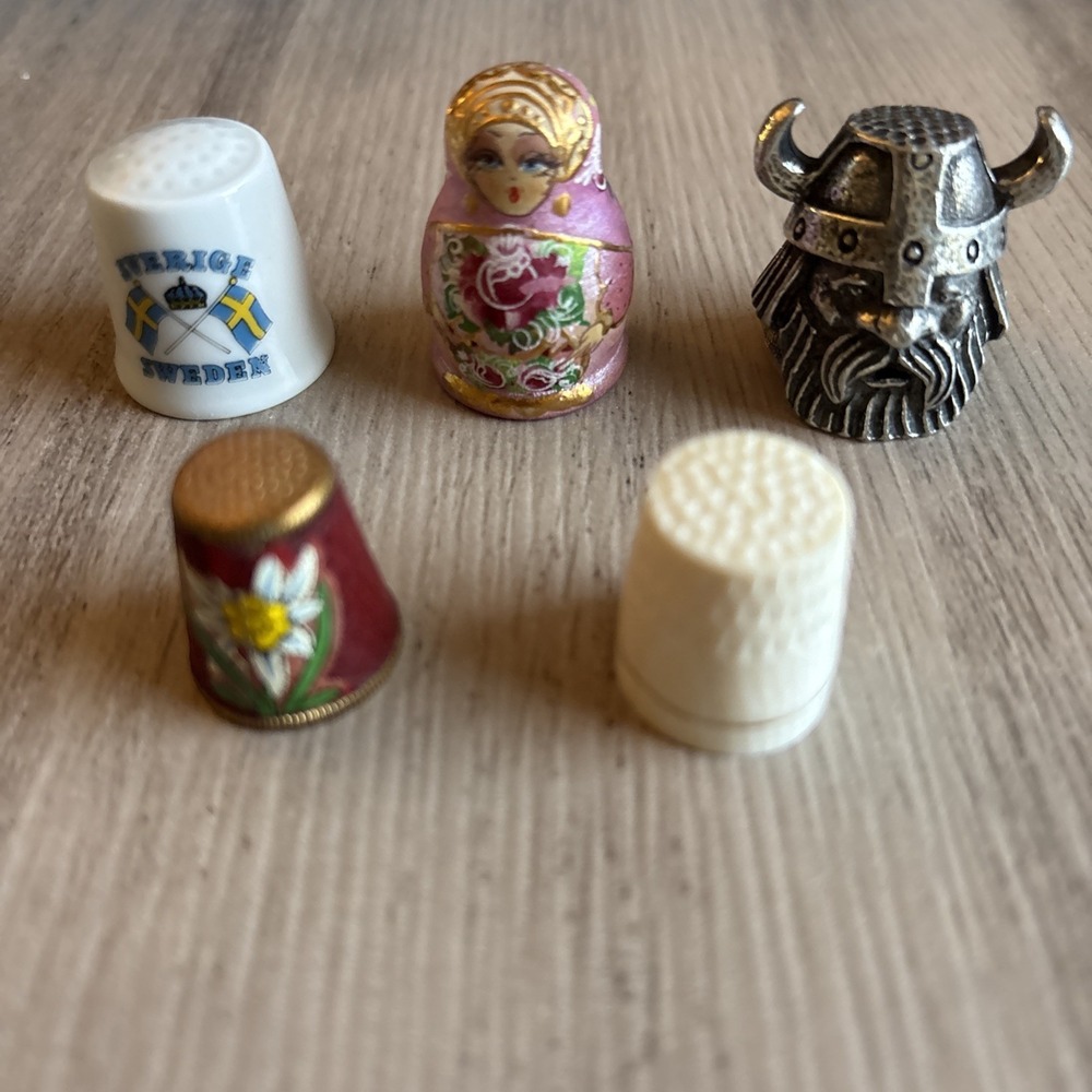 Lot of 5 International Novelty Thimbles Italy Russia Sweden Alabaster Viking